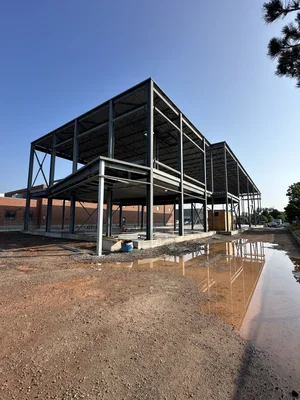 Steel columns, beams and diagonal bracing with floor and roof deck — Heine Court
